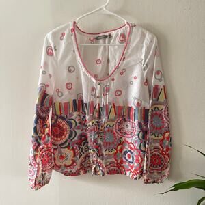 sandwich_ Floral Print Cotton Button-Up Shirt Women Large Multicolor Casual Boho